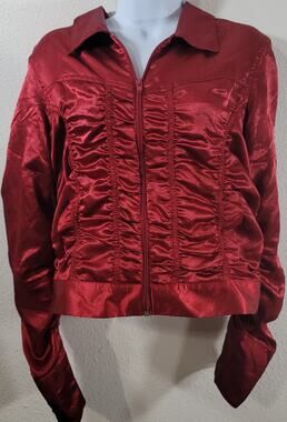Overdrive Red Satin Ruched Gathered Full Zip Collard Jacket Large Lightweight